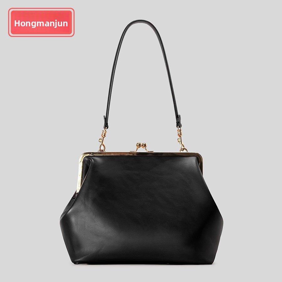 Oversized Black Kiss Lock Frame Bag | Gold Clasp Shoulder Bag for Women | Vintage Doctor Style Clutch Handbag