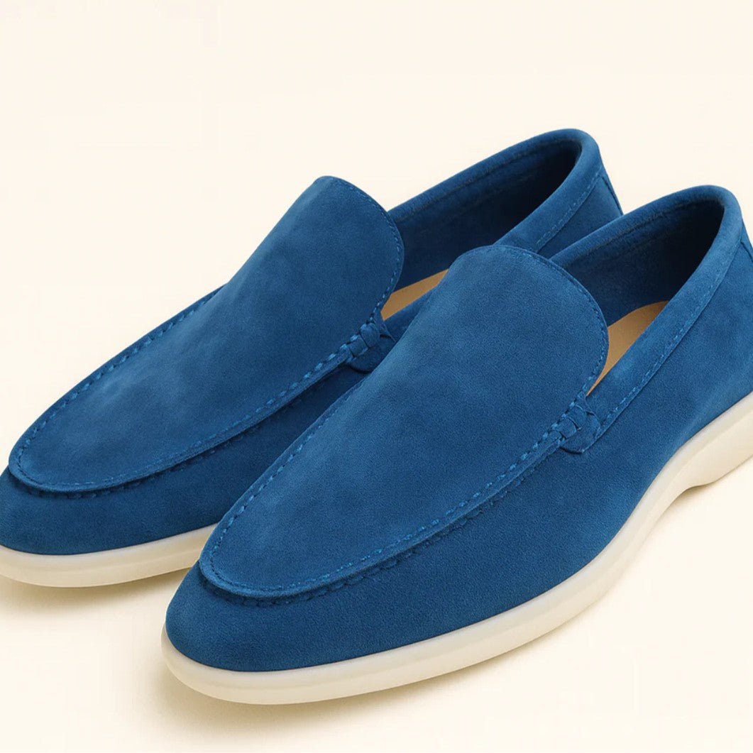 Men's Black Suede Slip-On Loafers | White Rubber Sole Venetian Casual Dress Shoes
