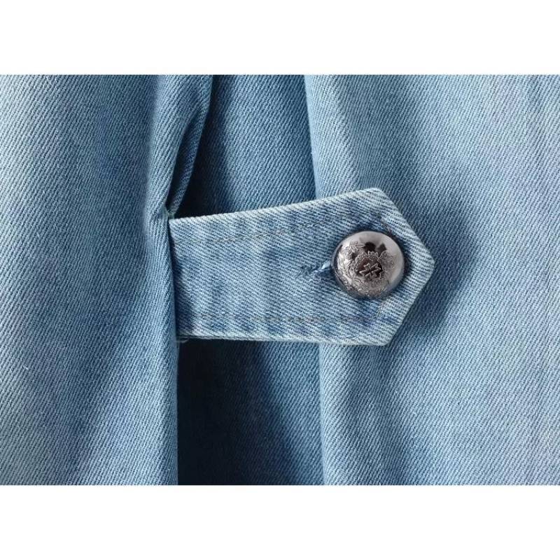 Women's Light Blue Denim Trench Coat Jacket - Double Breasted Lapel Jean Jacket with Epaulettes & Button Cuffs - Oversized Loose Fit Casual Outerwear for Spring Fall