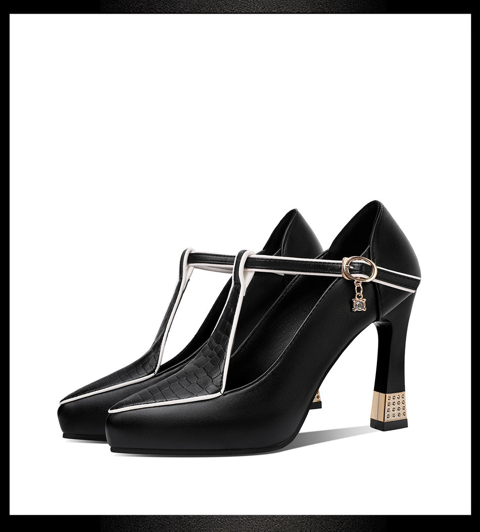 Black Crocodile Embossed T-Bar Pointed Toe Pumps with White Piping, Gold Crystal Charm & Rhinestone Block Heel | Luxury Women's Heels
