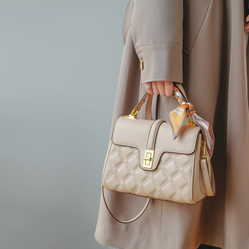 Beige Quilted Leather Satchel Bag - Diamond Stitched Crossbody Handbag with Scarf | Women's Structured Top Handle Bag with Gold Hardware