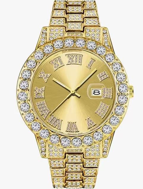 Iced Out Silver Watch | Green Sunburst Dial Diamond Roman Numerals | Full Crystal Bezel & Bracelet Mens Hip Hop Quartz Watch