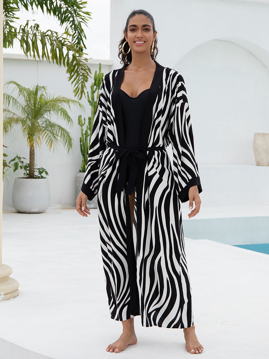 Women's Zebra Print Maxi Kimono Cover-Up | Long Belted Open Front Cardigan | Beach Pool Swimsuit Cover Up ? Black & White Animal Print