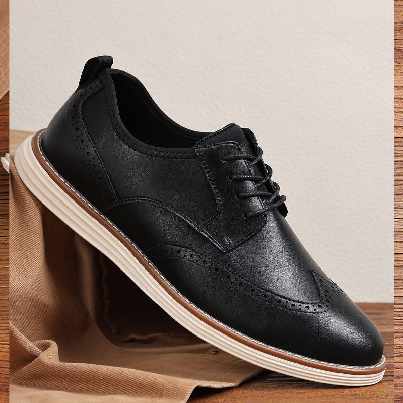 Men's Brown Leather Brogue Oxford Shoes | Wingtip Lace-Up Casual Dress Shoes with White Chunky Sole | Smart Casual Derby Shoes