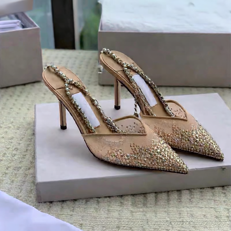 Black Crystal Embellished Mesh Pointed Toe Slingback Kitten Heel Mules | Women's Rhinestone Chain Strap Luxury Heels