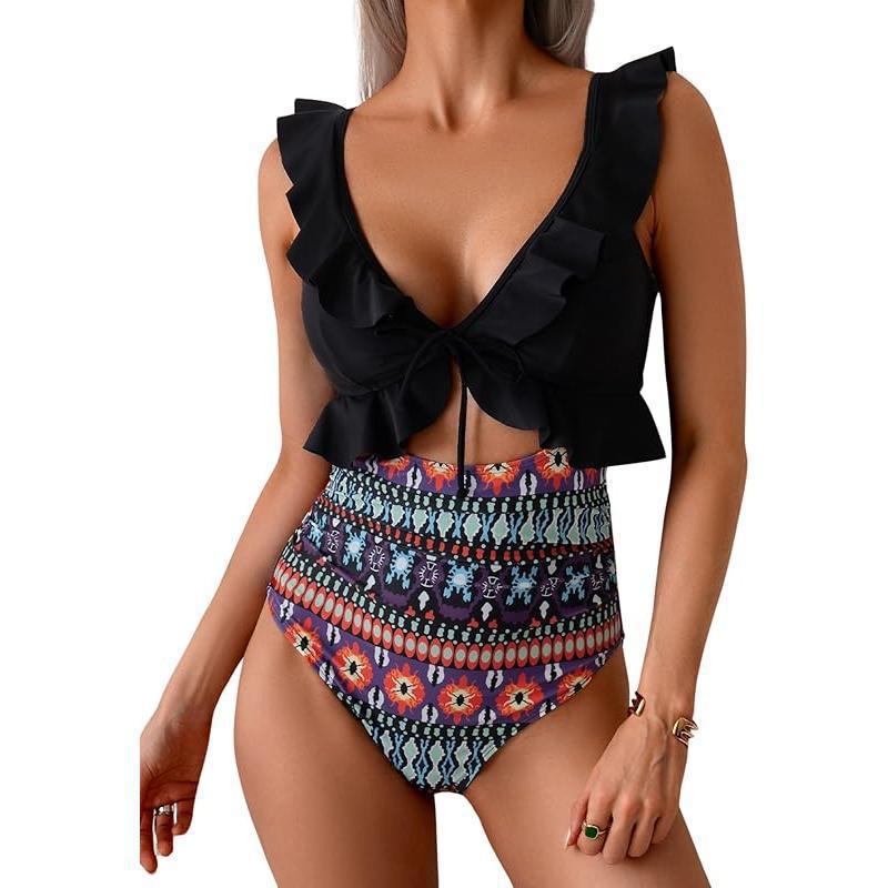 Teal Ruffle V-Neck Tie Front Cutout One Piece Swimsuit | High Waist Ruched Monokini | Women's Elegant Swimwear