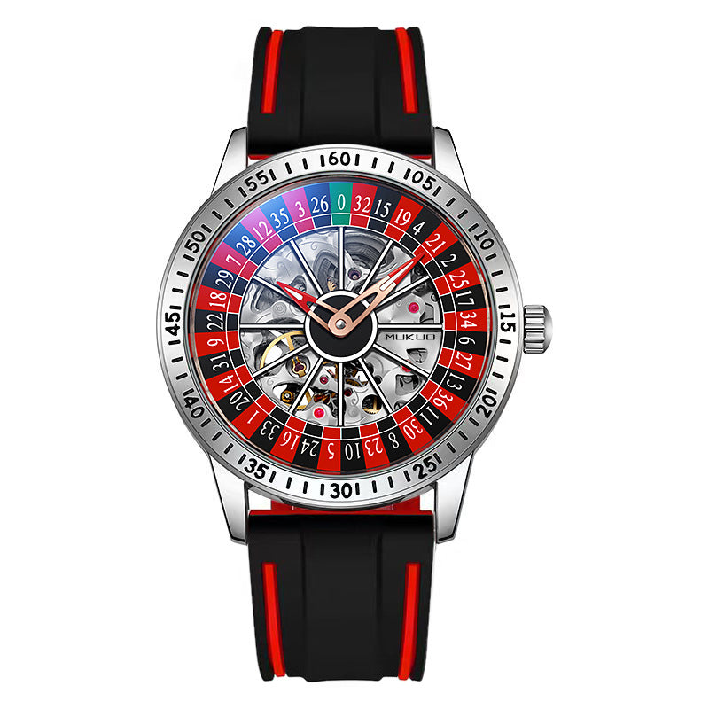 Roulette Wheel Skeleton Watch Men | Red Blue Casino Dial | Black Steel Bracelet | Hollow Tourbillon Style Automatic Watch