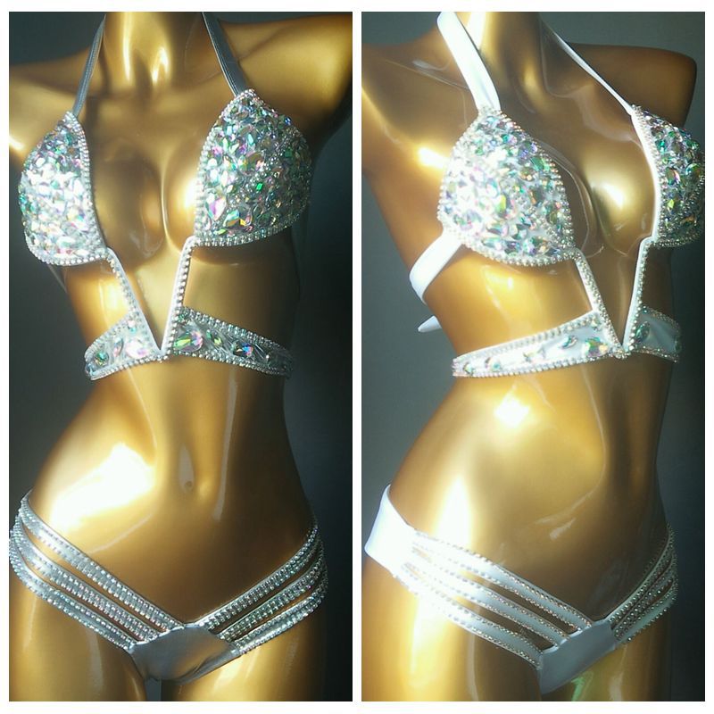 Crystal Rhinestone Bikini Set, AB Stone Competition Swimwear, Luxury Halter Bling Bikini, Women Figure Bodybuilding Suit, Royal Blue & Pink Pageant Swimsuit