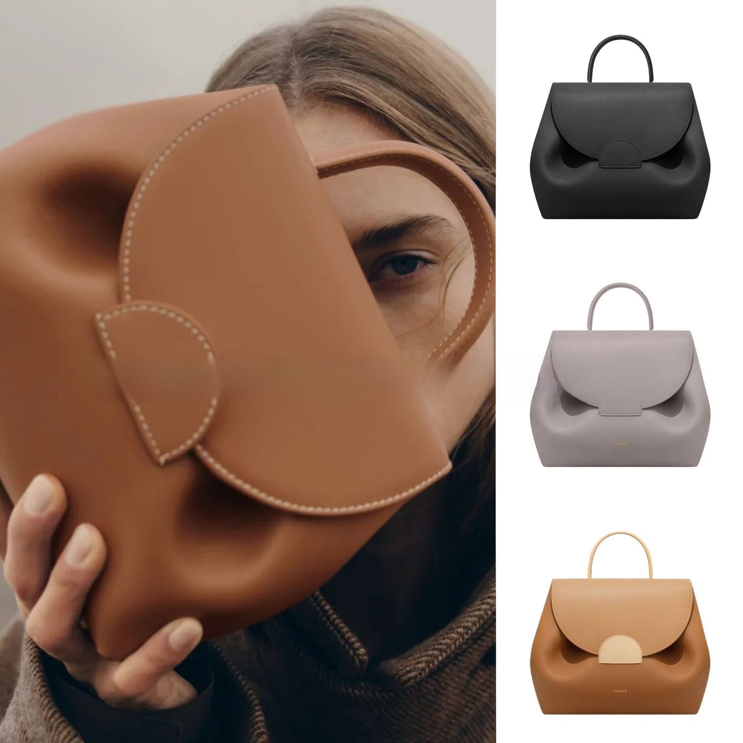 Polene Black Leather Structured Handbag with Curved Flap | Modern Top Handle Bag