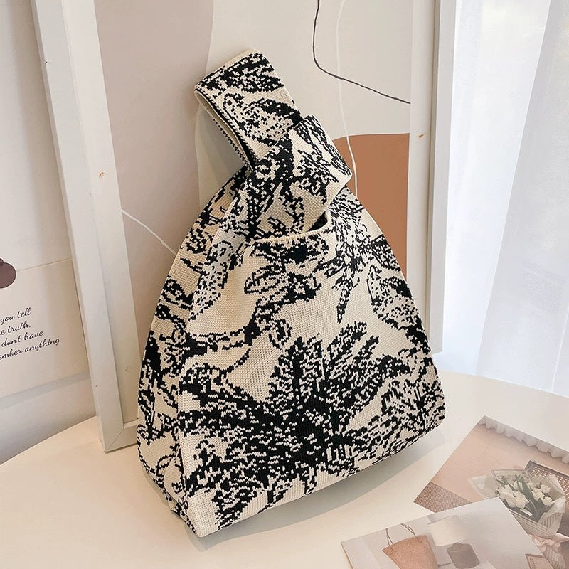 Black & White Geometric Knit Tote Bag | Aztec Pattern Wrist Handle Handbag | Boho Crochet Style Women's Bag