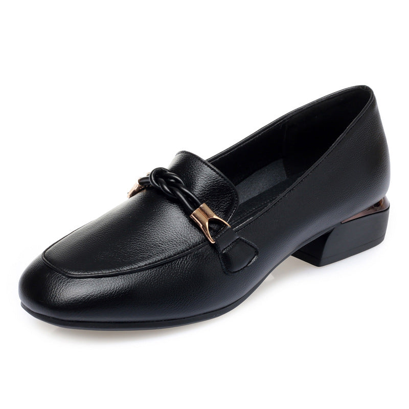 Tan Nude Leather Chain Bit Low Heel Loafers for Women | Gold Chain Hardware Square Toe Slip-On Loafer Pumps | Elegant Gold Trim Block Heel Shoes | Luxury Everyday Loafer Heels