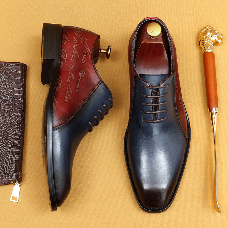 Men's Two-Tone Navy Blue & Burgundy Leather Oxford Dress Shoes | Script Embossed Lace-Up Formal Shoes