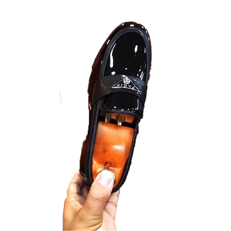 Men's Black Patent Leather Logo Loafers | Triangle Badge Strap Slip-On Chunky Sole Dress Shoes