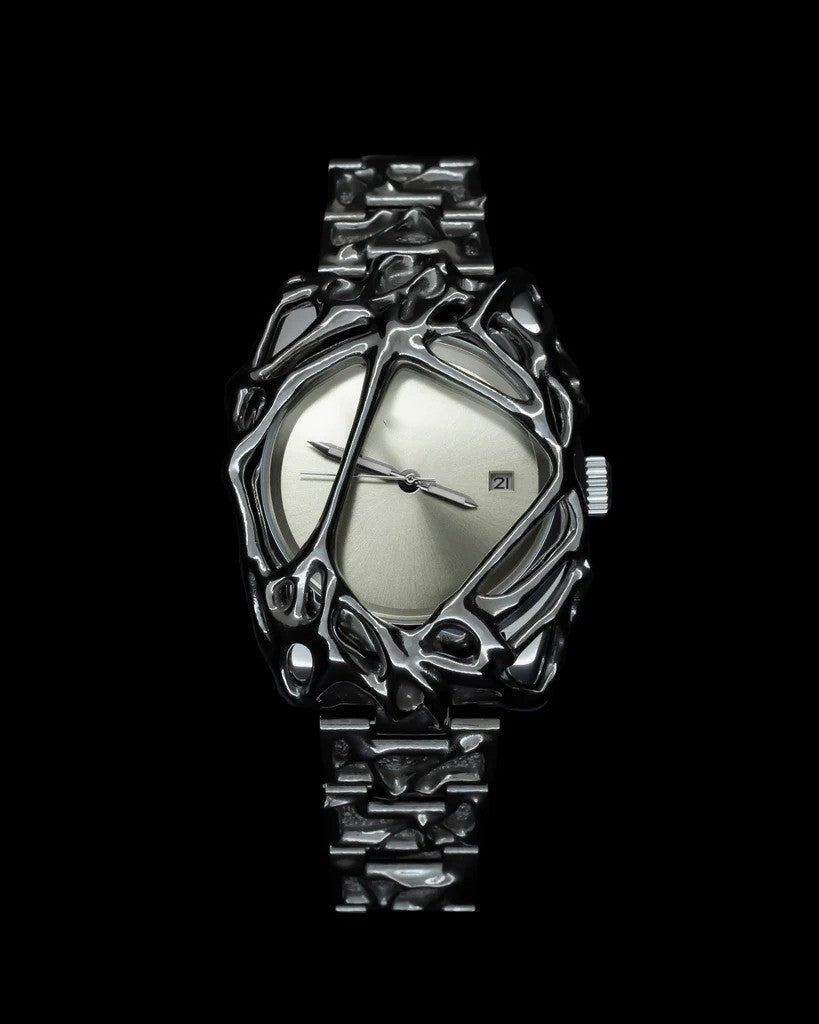 Avant-Garde Black Sculpted Web Watch for Men | Red Gradient Dial Dark Art Luxury Quartz Timepiece