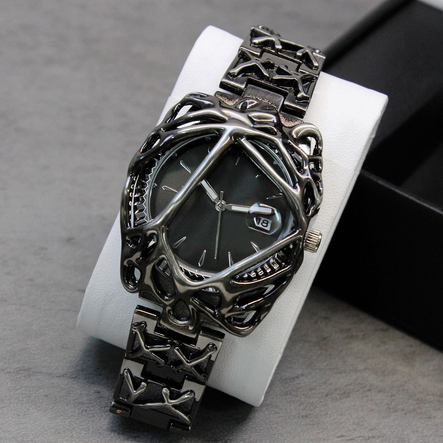 Avant-Garde Black Sculpted Web Watch for Men | Red Gradient Dial Dark Art Luxury Quartz Timepiece