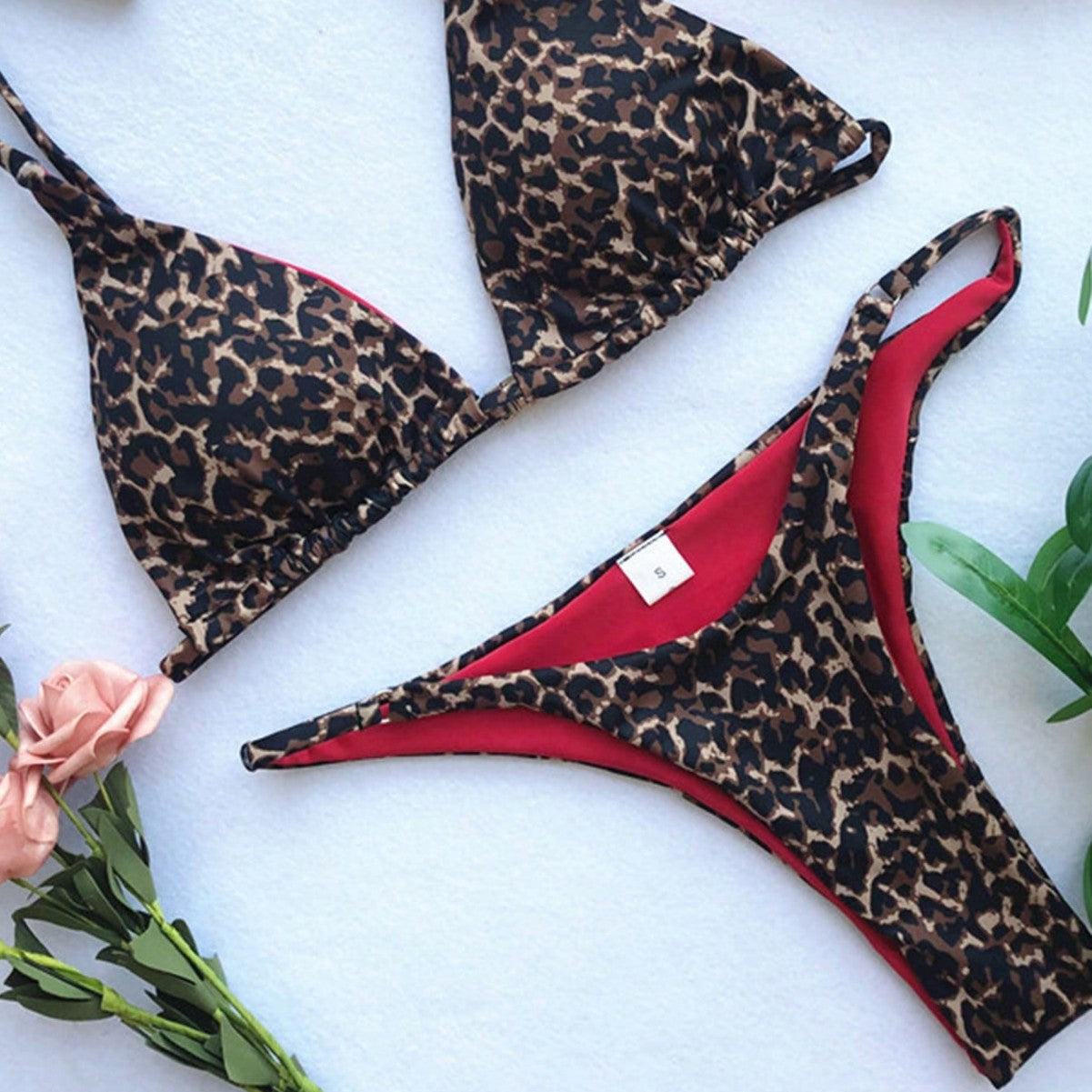 Leopardenmuster-Mikrobikini-Set | Triangel-Bikini-Oberteil und String-Höschen | Sexy String-Bademode für Damen 