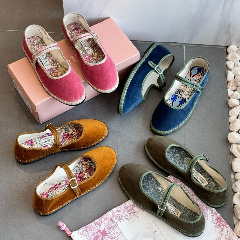 Women's Caramel Velvet Mary Jane Flats ? Vintage Handstitched Buckle Strap Ballet Shoes with Floral Insole
