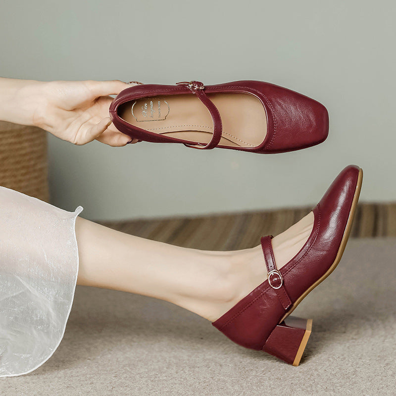 Wine Red Square Toe Mary Jane Block Heel Pumps | Women's Buckle Ankle Strap Low Heel Leather Shoes | Retro Everyday Heels