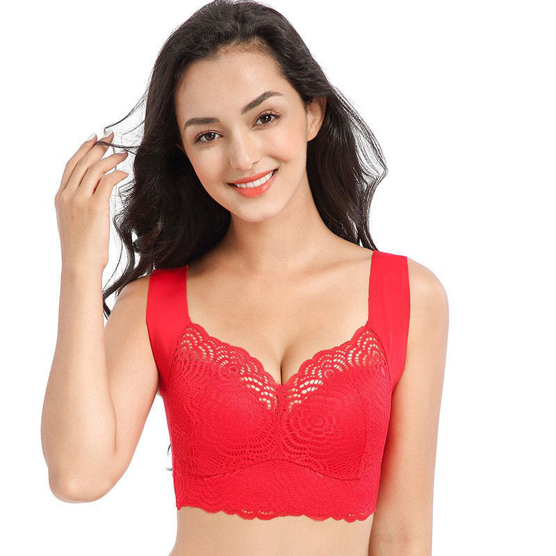 Women's Floral Lace Wireless Bra with Wide Straps and V Neckline, Seamless Comfort Bra in 7 Colors