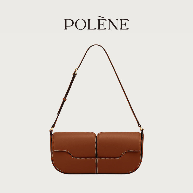 Polene Genuine Leather Black Leather Baguette Bag | Minimalist Shoulder Bag with Flap Closure