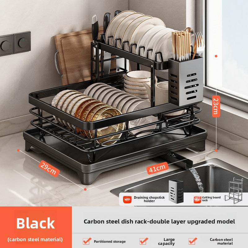 2-Tier Dish Drying Rack with Drainage | Large Capacity Kitchen Organizer with Cutting Board, Knife & Chopstick Holder | Countertop Dish Drainer