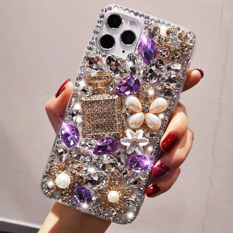 Luxury Bling Rhinestone Phone Case with Red Crystal Gems, Pearl Flowers & Perfume Bottle Design | Glitter Diamond Cover for iPhone