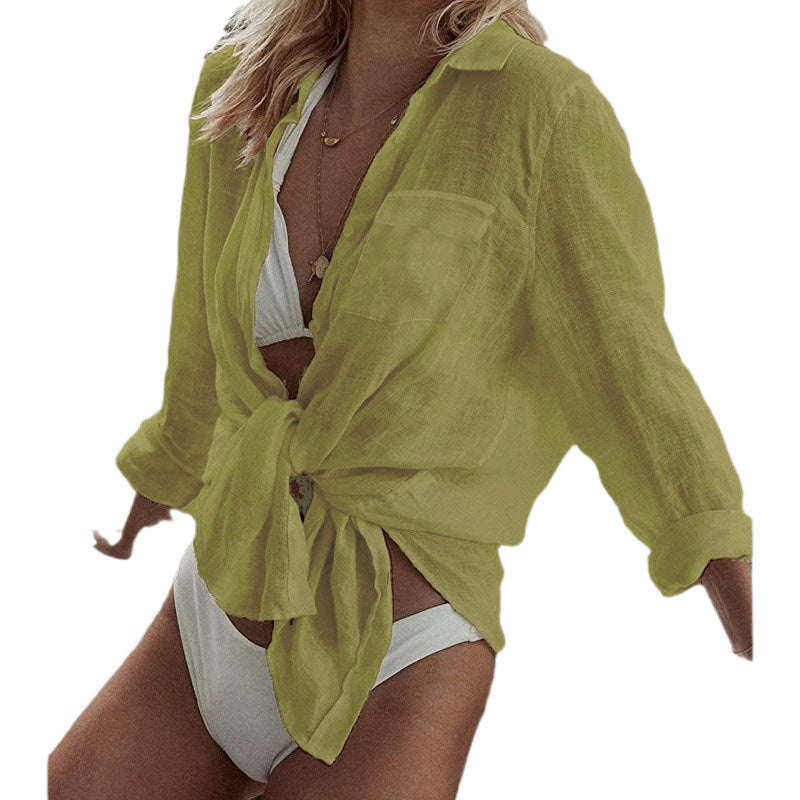 Light Blue Linen Shirt Beach Cover Up, Women Oversized Button Down Tie Front Top, Sheer Cotton Swimwear Cover Up, Boho Vacation Blouse, Resort Wear Beach Shirt Swimsuit Cover