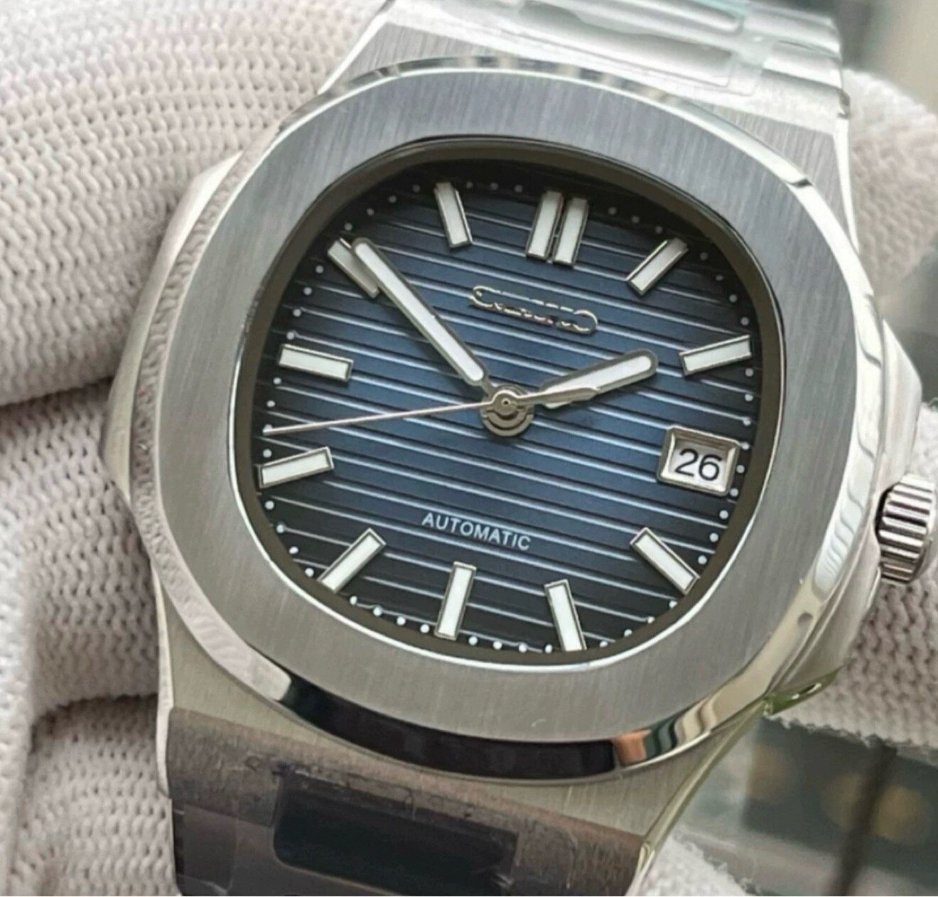 Seiko Automatic Watch Men | Arabic Numeral Blue Tapisserie Dial | Octagon Screw Bezel | Silver Steel Royal Oak Style Watch