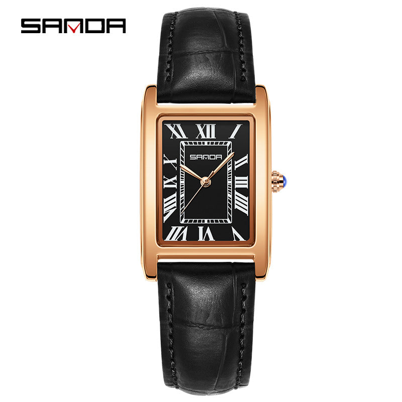 SANDA Women's Rectangle Rose Gold Watch | White Roman Numeral Dial Blue Hands Black Leather Strap Classic Quartz Timepiece