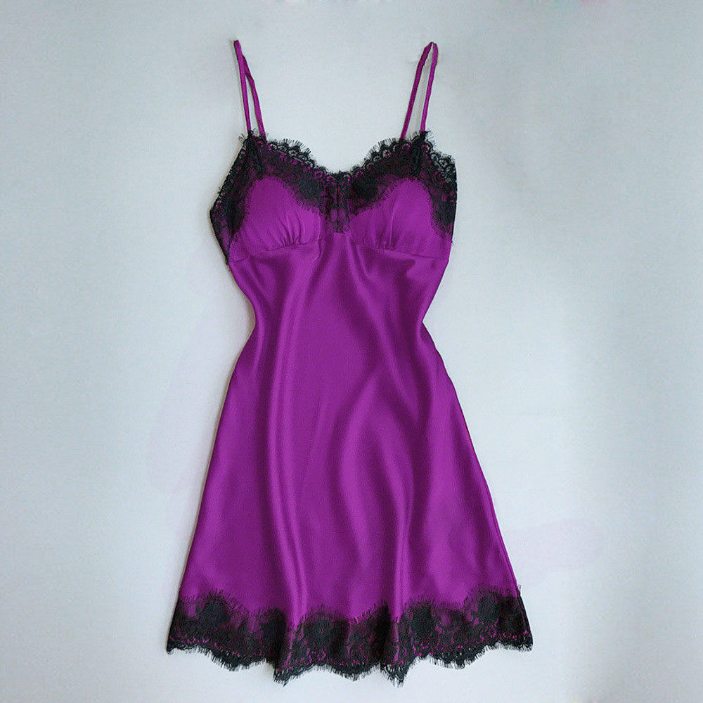 Women's Burgundy Satin Black Eyelash Lace Trim Slip Nightgown Sexy V Neck Sleeveless A-Line Mini Sleep Dress Chemise