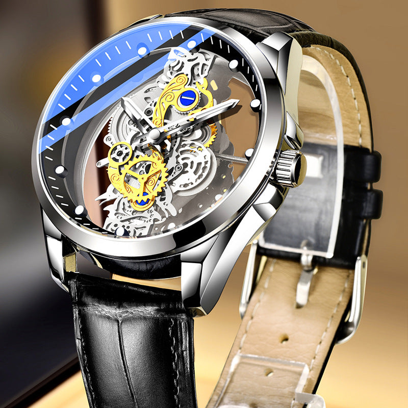 Men's Skeleton Automatic Mechanical Watch | Hollow Tourbillon Gold Gear Stainless Steel | Blue Accent Luxury Timepiece