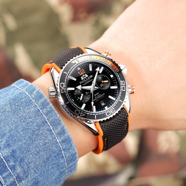 Paulareis Automatic Professional Diver Chronograph Watch | ZrO2 Co-Axial Master Chronometer 600m | Black & Orange Rubber Strap Men's Watch