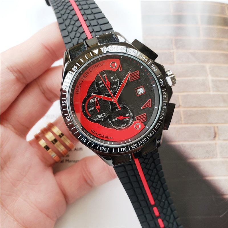 Men's Scuderia Racing Chronograph Watch | 166 Inter Corsa Tachymeter Black Yellow Carbon Dial | Red Hands Date Rubber Strap Sport Timepiece