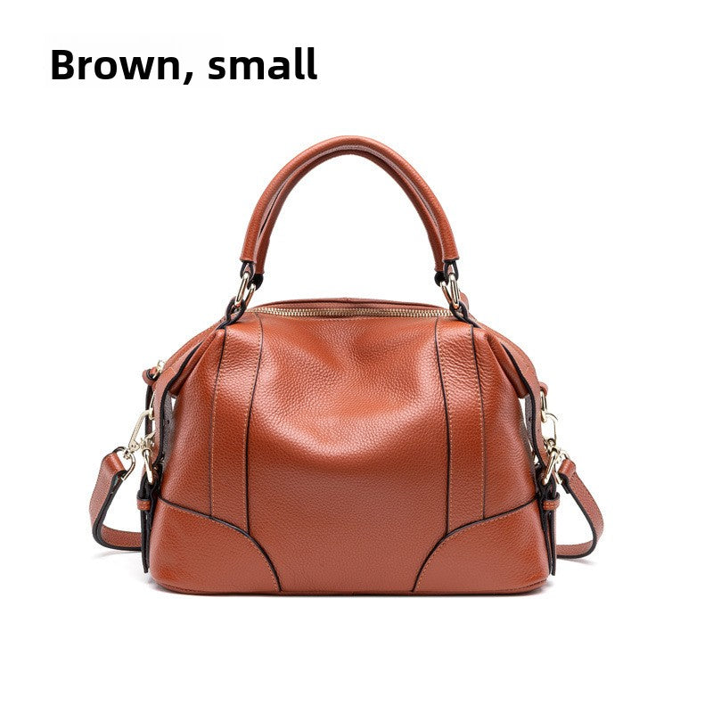 Small Brown Leather Satchel Bag - Cognac Bowling Bag with Dual Handles | Convertible Dome Handbag with Crossbody Strap