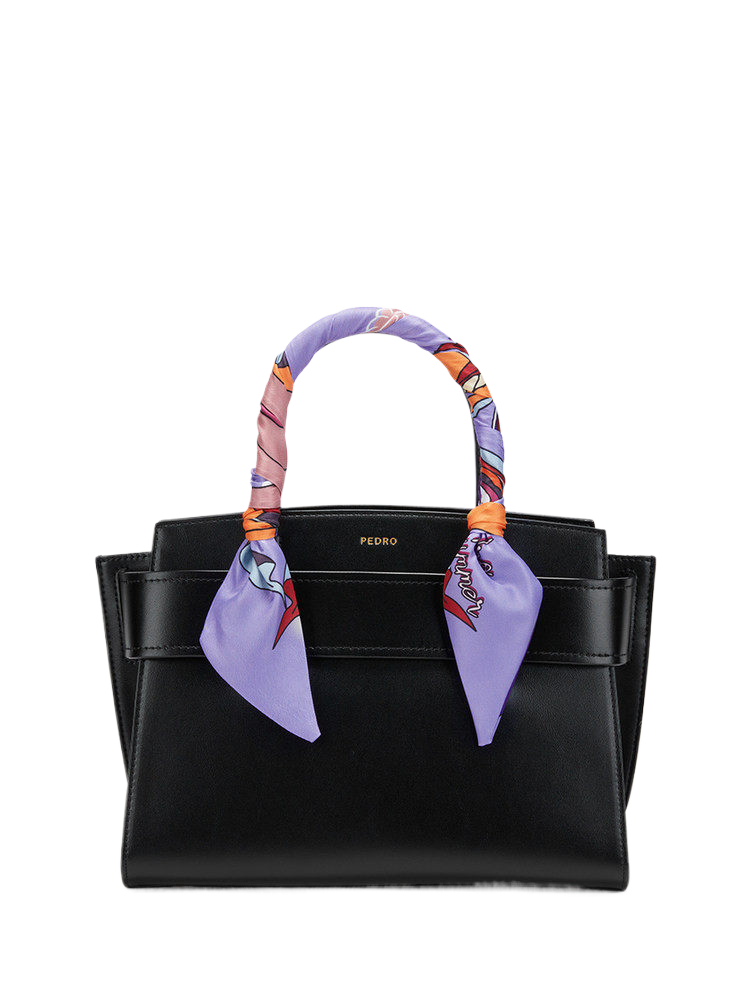 Orange Leather Handbag with Silk Scarf - Structured Trapezoid Tote Bag | Designer Belt Closure Satchel