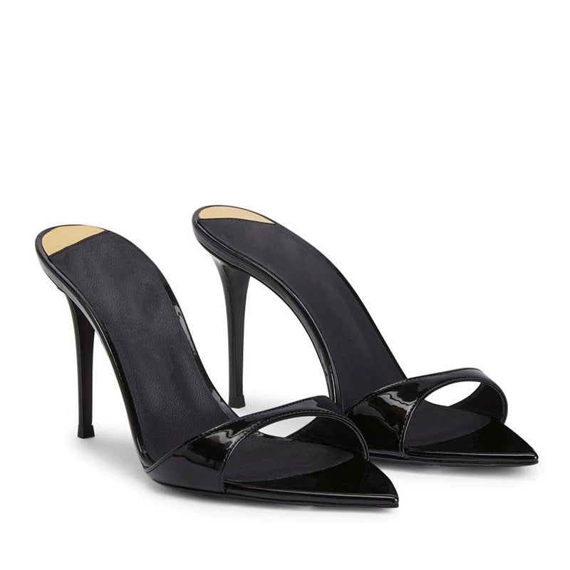 Black Patent Leather Single Strap Pointed Toe Stiletto Mule Heels | Women's Minimalist Slip-On High Heel Shoes