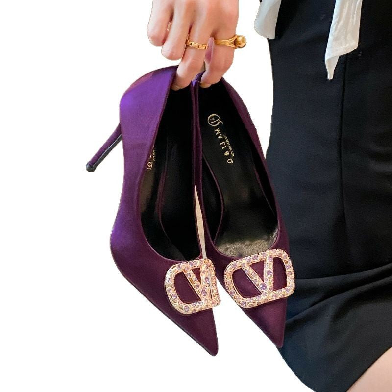 Deep Purple Satin Pointed Toe Stiletto Pumps with Crystal Rhinestone Square Buckle Toe Detail | Luxury Elegant Evening Heels for Women