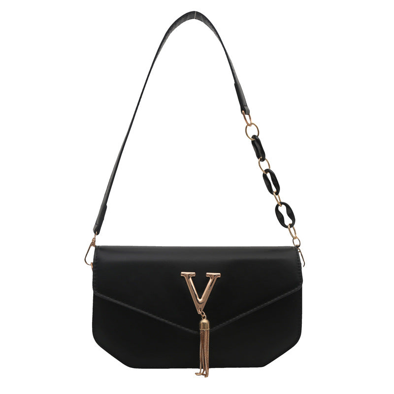 White Leather Shoulder Bag with V Logo - Envelope Flap Crossbody with Chain & Tassel Detail | Designer Inspired Handbag