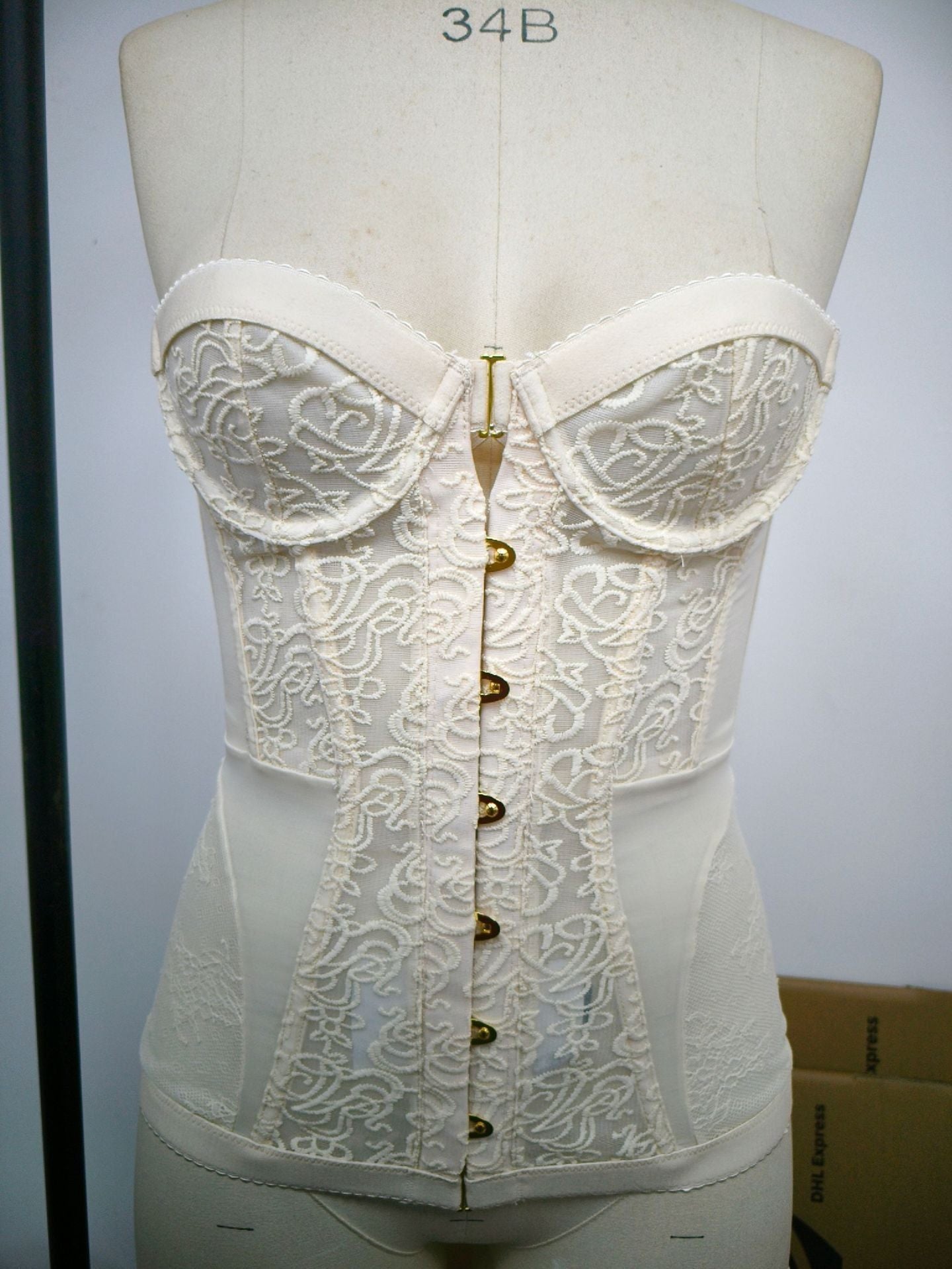 Women's Lace Corset Bustier Top | Strapless Gold Button Front Boned Corset | Sheer Floral Going Out Top