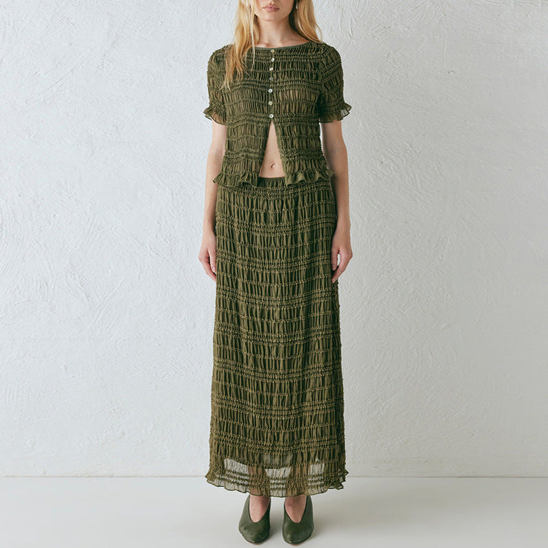 Cream Textured Fringe Stripe Co-Ord Set | Cropped Top & Midi Skirt | Boho Vacation Two-Piece