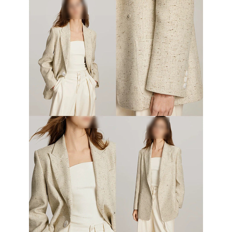 Women's Beige Tweed Linen Blazer | Single Button Notch Lapel Jacket | Smart Casual Office Coat