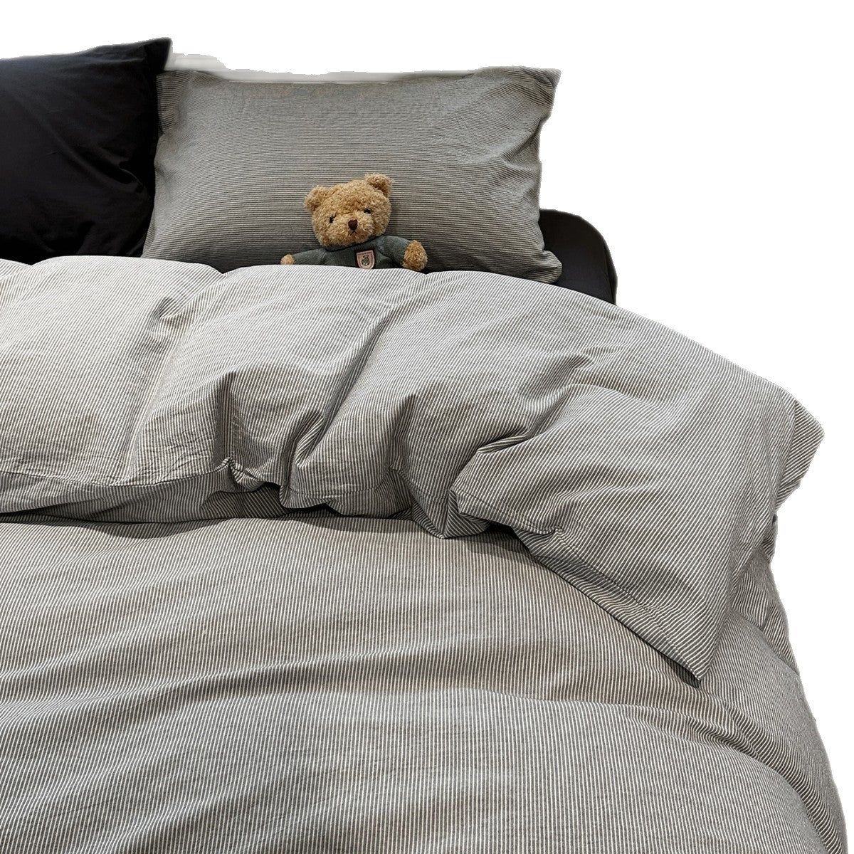 Grey Stripe Cotton Duvet Cover Set | Soft Washed Cotton Bedding Set with Pillowcases | King Queen Full Twin