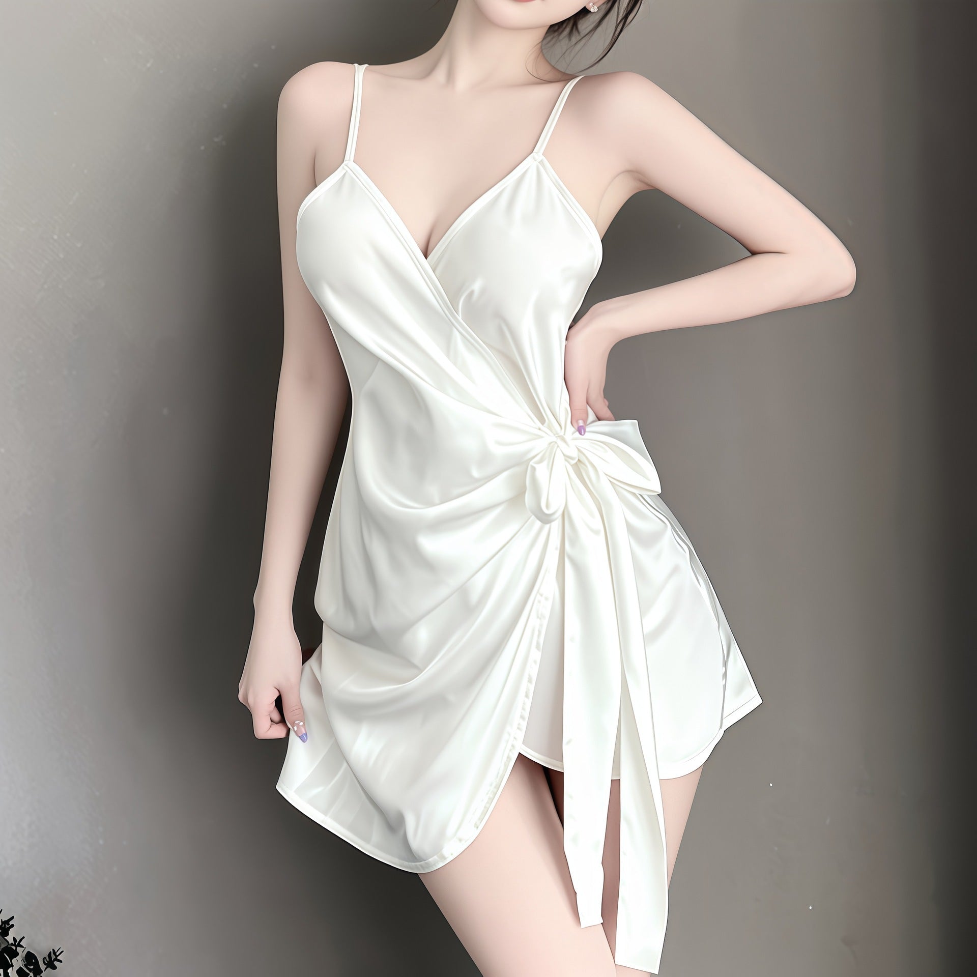 Women's Red Satin Wrap Bow Tie Mini Slip Dress Sexy Deep V Neck Asymmetric Ruched Nightgown Chemise Sleepwear