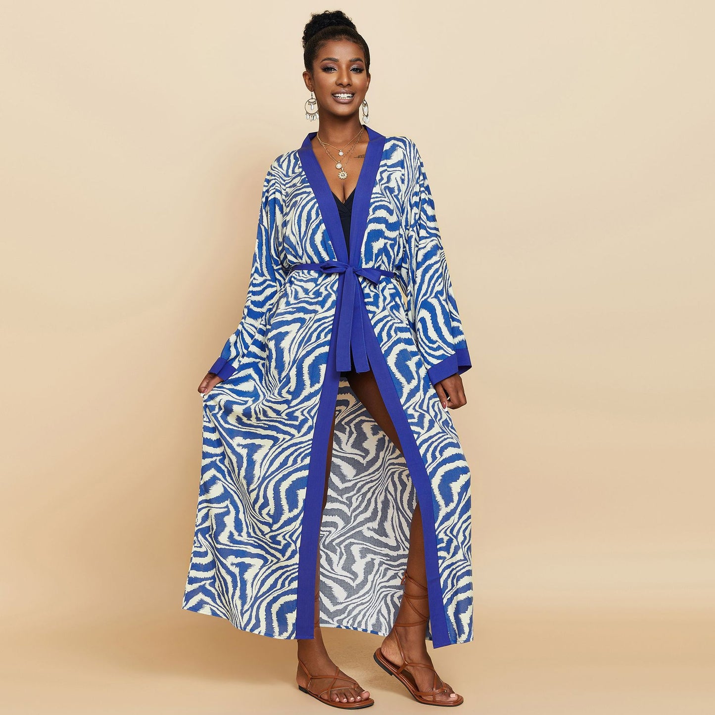 Women's Zebra Print Maxi Kimono Cover-Up | Long Belted Open Front Cardigan | Beach Pool Swimsuit Cover Up ? Black & White Animal Print