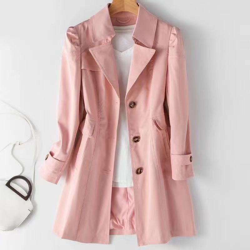 Women's Beige Mid-Length Trench Coat | Single Breasted Notch Lapel Slim Fit Coat | Korean Style Classic Windbreaker Jacket