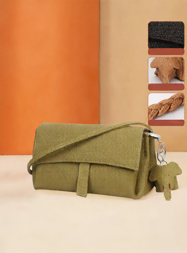 Beige Pebbled Leather Crossbody Bag - Soft Slouchy Shoulder Bag with Dog Charm | Minimalist Wide Strap Purse
