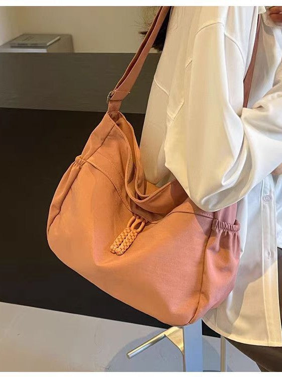 Brown Nylon Slouchy Shoulder Bag - Gathered Hobo Bag with Braided Cord Detail | Lightweight Casual Crossbody Tote