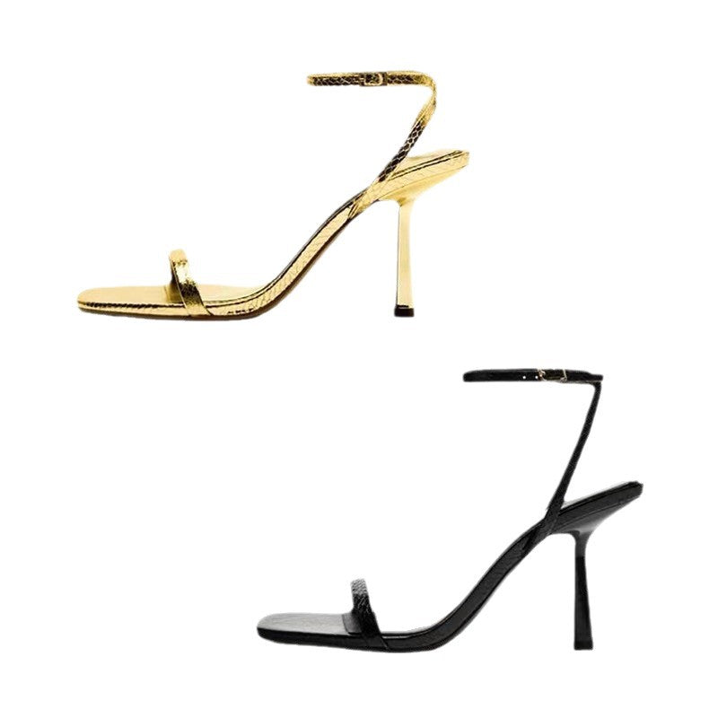 Black Snakeskin Texture Strappy Square Toe Stiletto Sandals | Women's Ankle Strap High Heel Shoe