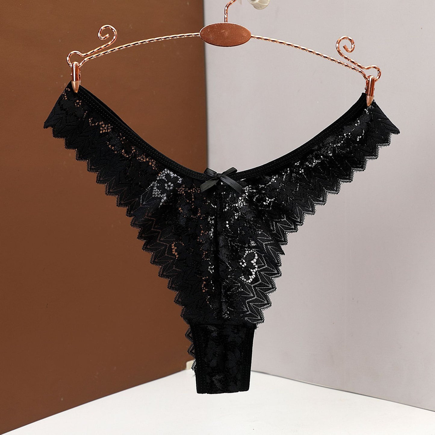 Black Floral Lace V-Cut Panties with Bow Detail | Women's Sexy Scalloped Cheeky Underwear | Low Rise Lace Bikini Briefs