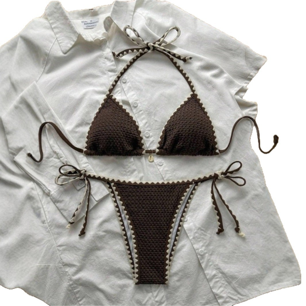 Chocolate Brown Crochet Bikini Set | Halter Triangle Top & Tie Side Thong | Textured Scallop Edge Boho Two Piece Swimsuit Women
